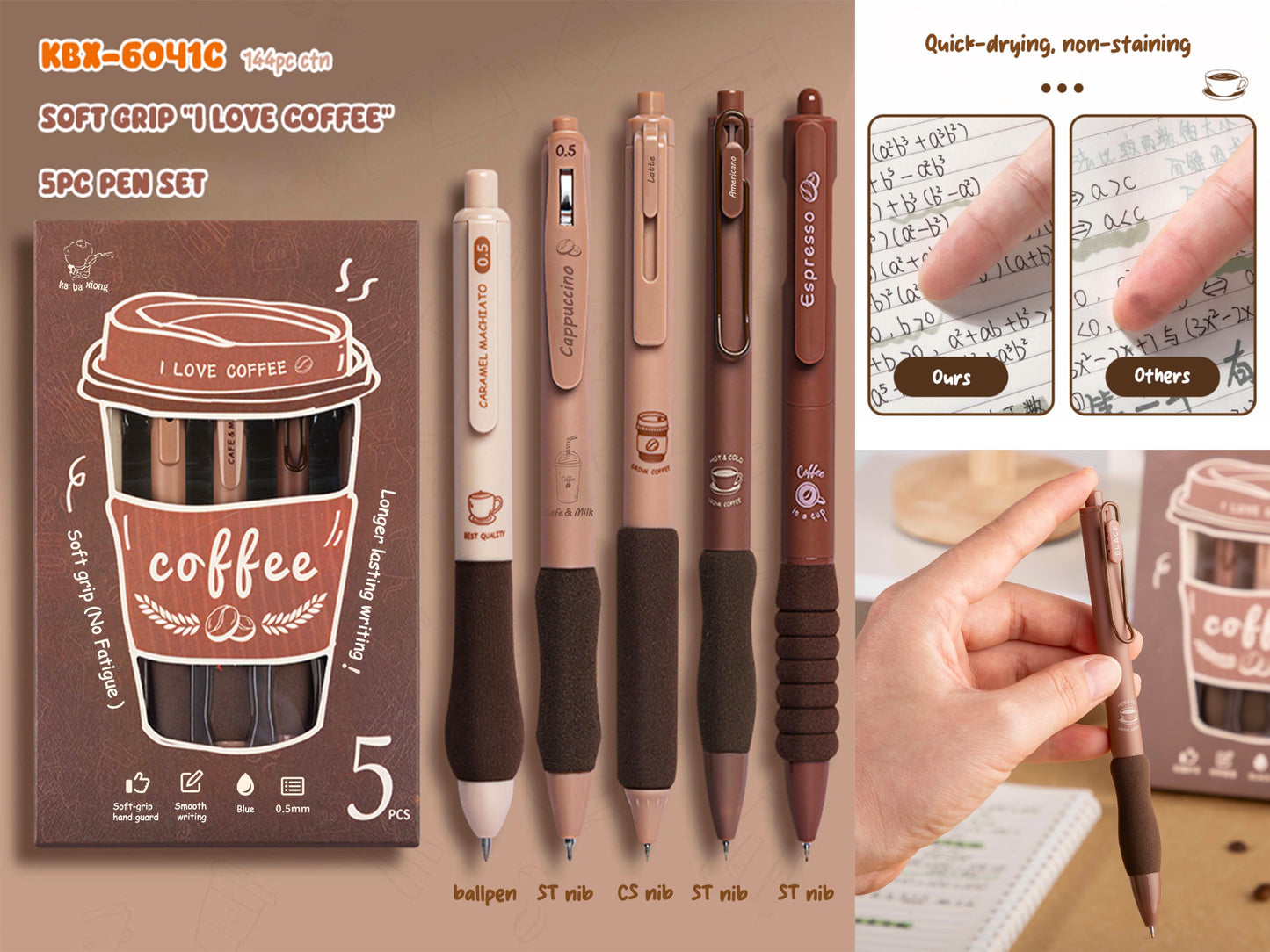 Kawaii Soft Grip "COFFEE PEN SET " 5pc Pen Set