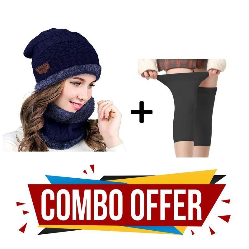 Eastern Club Winter Cap & Neck Scarf with 1 Pair Woolen Knee Cap for Women Combo