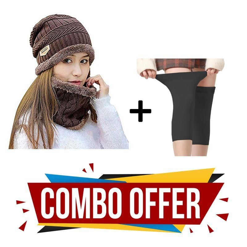 Eastern Club Winter Cap & Neck Scarf with 1 Pair Woolen Knee Cap for Women Combo