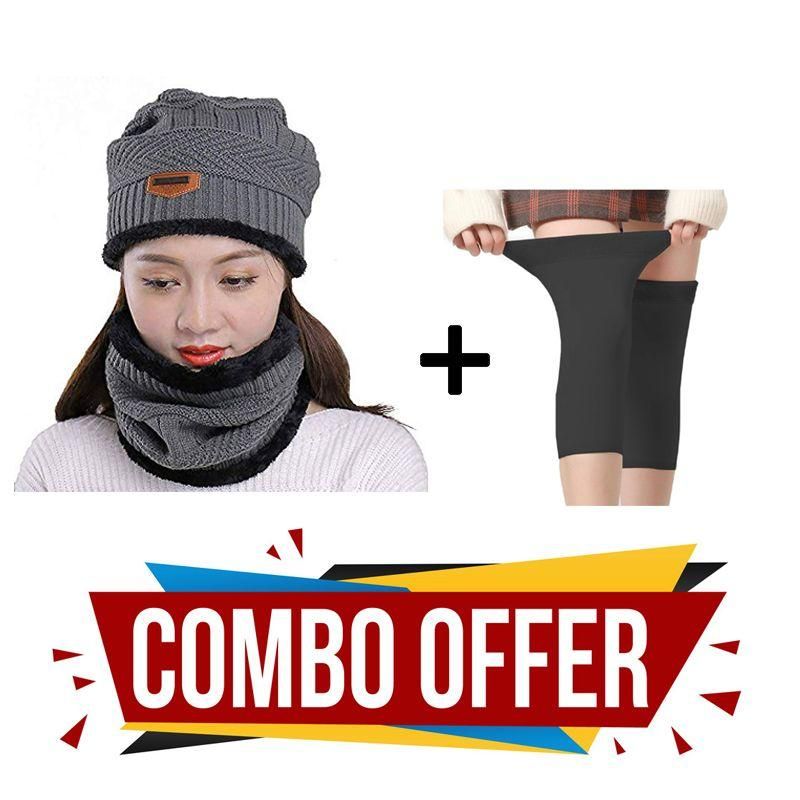 Eastern Club Winter Cap & Neck Scarf with 1 Pair Woolen Knee Cap for Women Combo